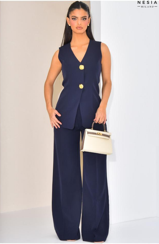 Navy High-Waisted, Straight-Cut Trousers by Nesia