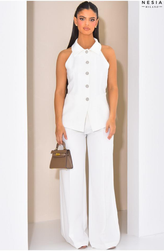 White High-Waisted, Straight-Cut Trousers by Nesia