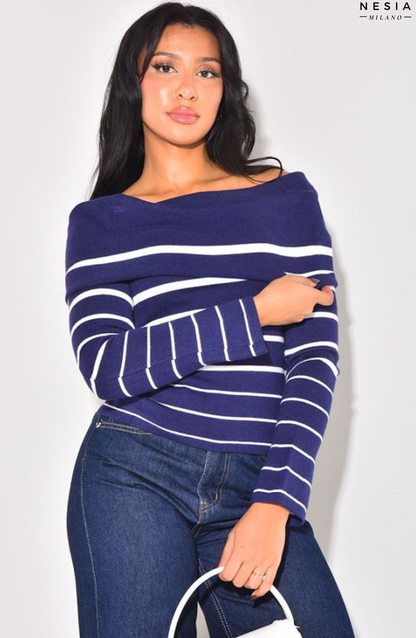 Soft Striped Boat-Neck Jumper by Nesia