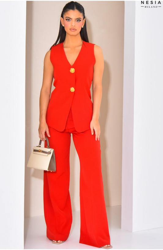 Red High-Waisted, Straight-Cut Trousers by Nesia