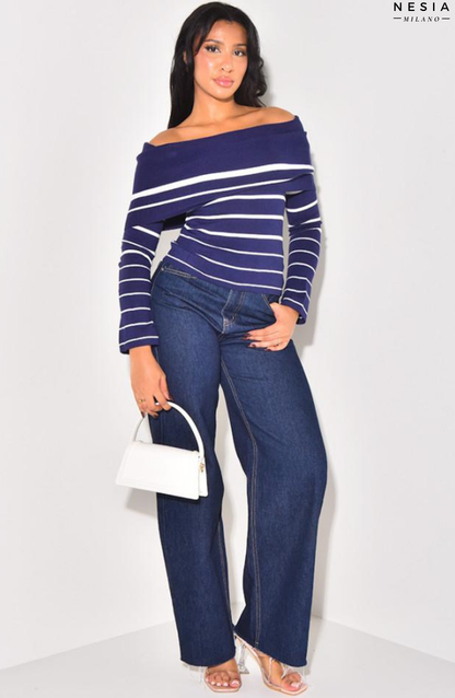 Soft Striped Boat-Neck Jumper by Nesia